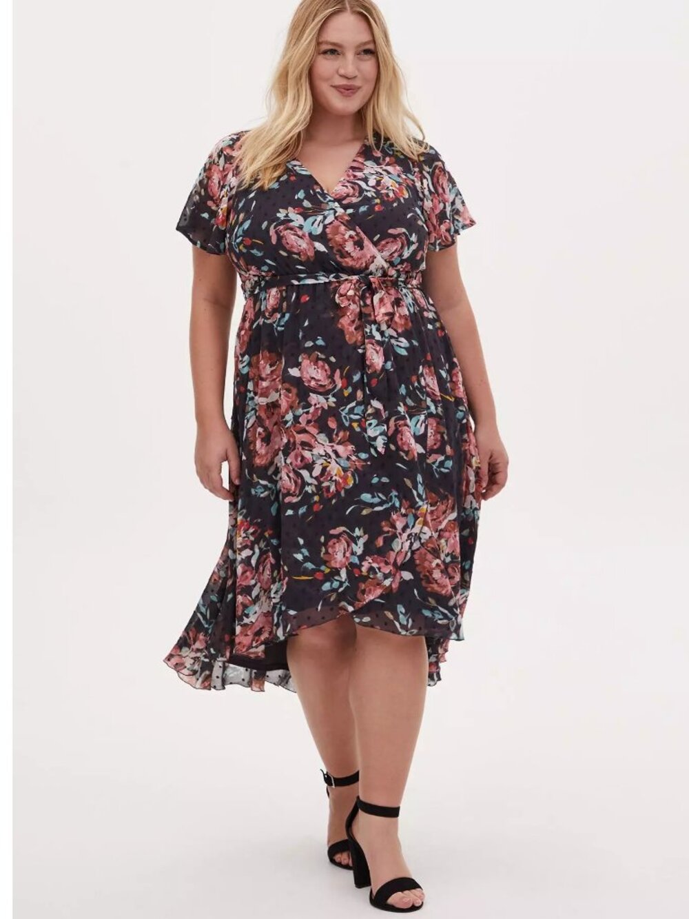 Torrid Faux Wrap Dress Swiss Dot Floral Dark Grey Size 0X Large Above Knee Midi